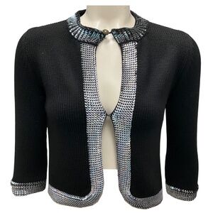 Chanel Vintage 1999 Black Sequined Cropped CC Logo Button Wool Knit Cardigan Swe